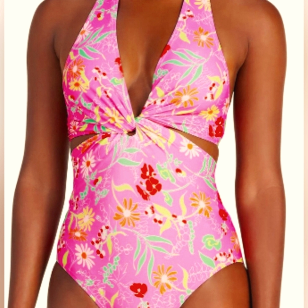 KATE SPADE $155 Pink Flash Garden Floral Knotted Halter One Piece Swimsuit NWT